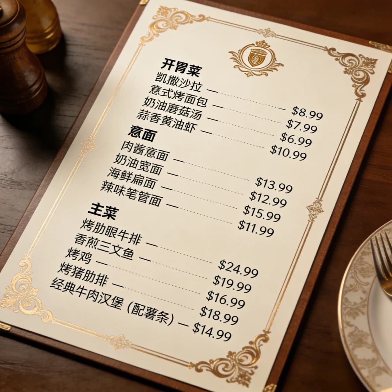 Translated restaurant menu photo with preserved layout